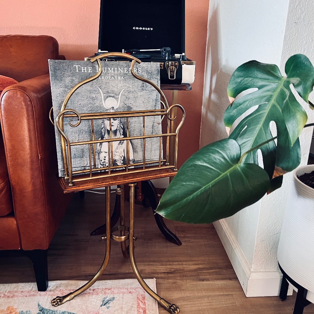 19th Century English Edwardian Brass Oak Revolving Magazine Book Stand